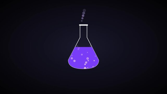 Animated chemistry erlenmeyer flask with bubbling purple liquid for science and laboratory research concepts animation 4k