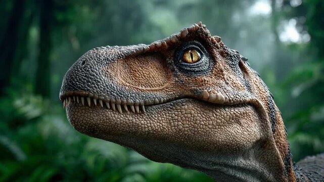 Prehistoric Predator's Gaze: A detailed close-up of a Velociraptor's head, its sharp eye glinting with primal intelligence amidst a lush, ancient jungle setting. A creature frozen in time.