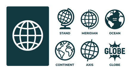 Minimal dark teal globe icon set featuring world map variations including meridian, stand, ocean, continent, and axis labels. Clean flat vector style for travel or geography themes. © Lie Fei Yu