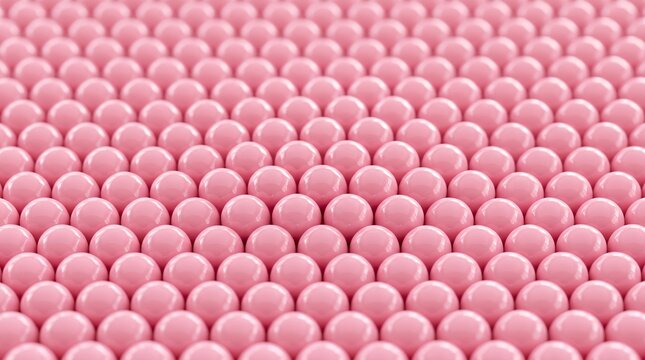 Pink spheres arranged in a uniform grid pattern, abstract background with soft lighting and shallow depth of field, smooth texture and subtle shadows create a calming visual effect for design.