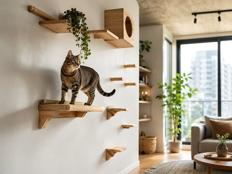 Tabby cat standing on wooden wall shelves in a bright modern living room with plants, books, and a large window showing a city view outside.