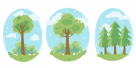 Three forest tree illustrations with light blue backgrounds and white clouds © Sukla