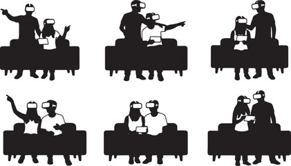 Obraz premium Black Solid VR Resort Virtual Tour Couple Silhouettes Set of Six on White Background
