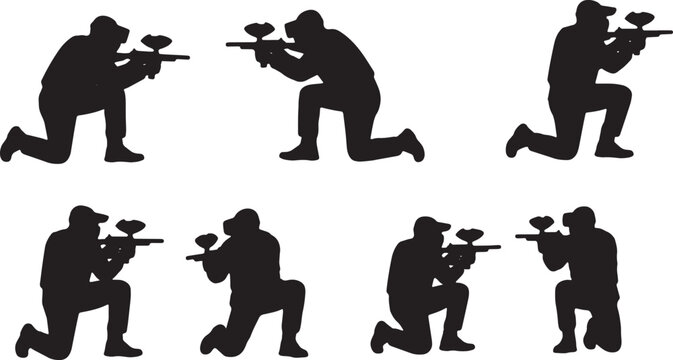 Black Solid VR Multiplayer Paintball Gaming Silhouettes Set of Six on White Background