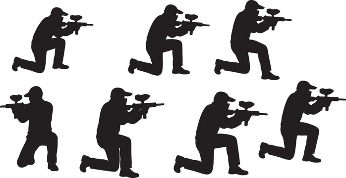 Black Solid VR Multiplayer Paintball Gaming Silhouettes Set of Six on White Background