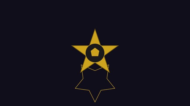 Animated gold star with pentagonal center moving across dark animation 4k background, motion