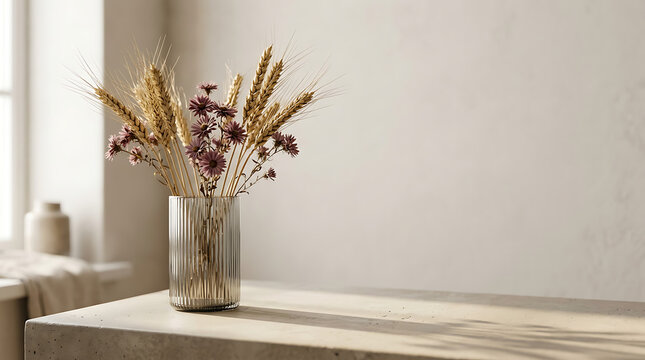 Minimal Neutral Background with Dried Wildflowers in Glass Vase and Copy Space