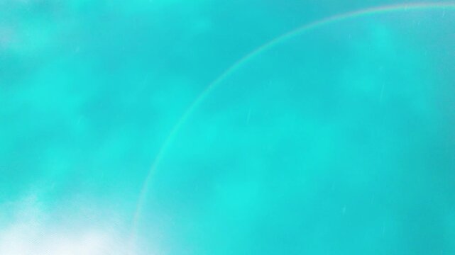 Drone view of Pegu Tso lake or Peikucuo in sunny and rainy day in Shigatse, Tibet, China, beautiful twin rainbows over peaceful turquoise sea in Xizang, 4k real time footage travel concept