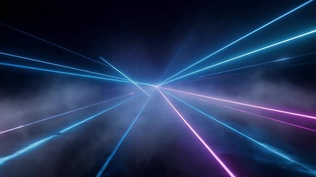 Mesmerizing Blue and Purple Laser Lights Cutting Through Mist in Dark Room Create Enchanting Atmosphere for All to Enjoy