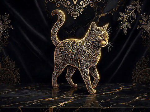 Luxury Ornamental Cat with Elegant Gold Filigree Pattern on Black Background
