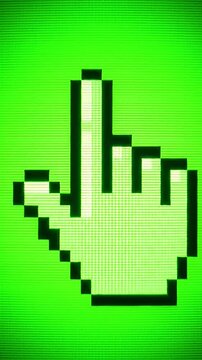 Pixelated hand cursor icon on green digital screen