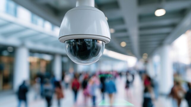 Security camera monitors busy public indoor space