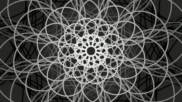 Intricate geometric circular pattern with overlapping lines in monochrome