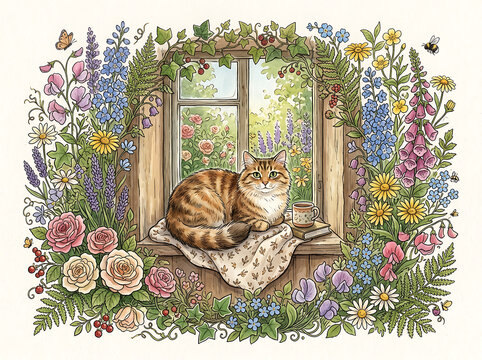 Cozy Tabby Cat Resting by Rustic Garden Window Surrounded by Blooming Flowers