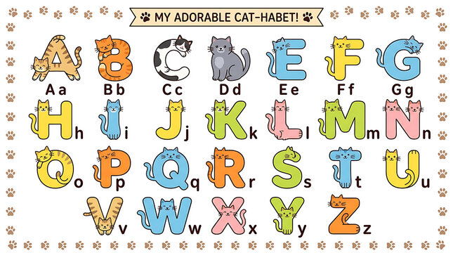 Cute Cat ABC Poster Colorful Educational Alphabet Chart with Playful Feline Characters