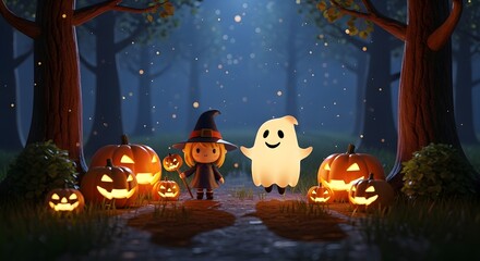 Fototapeta premium Cute witch and ghost in a forest. Halloween characters with glowing pumpkins at night.