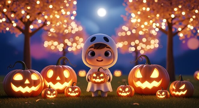 Cute child in ghost costume for Halloween. Little kid holding pumpkin in magical night park.