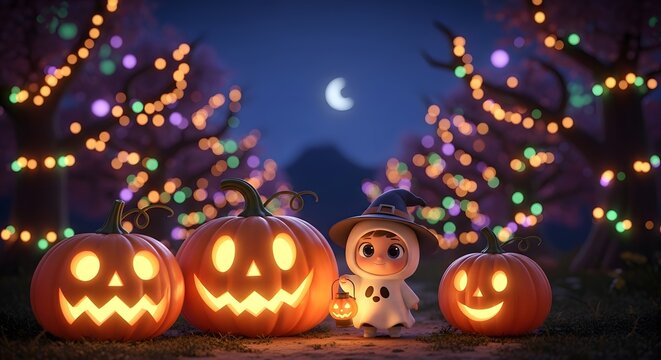 Cute child in witch costume with glowing pumpkins. Halloween celebration in night garden.