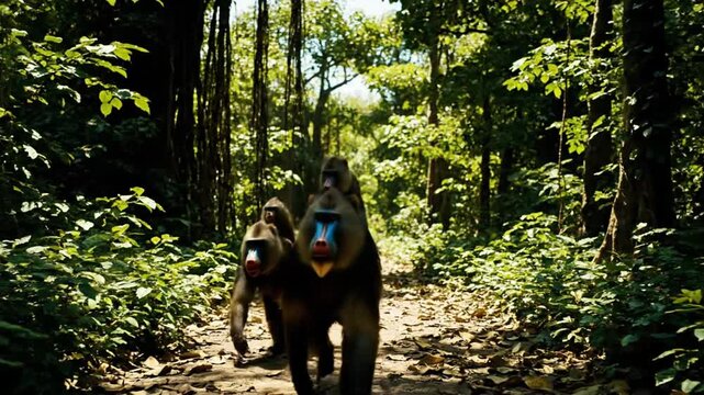 Family of wild mandrills walking through a lush green tropical forest