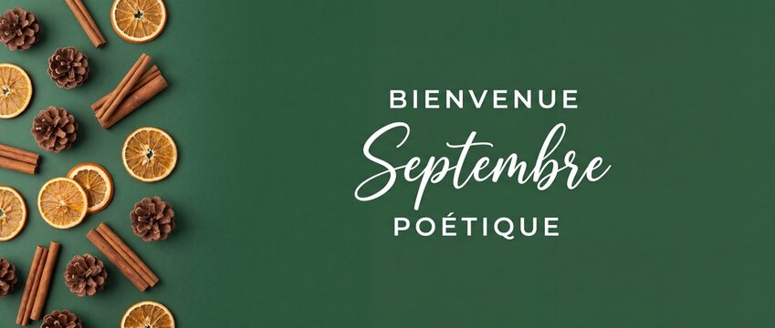 Autumn background with dried orange, cinnamon sticks and pinecones for French September greeting card banner design, cozy seasonal fall flat lay on green backdrop with copy space aesthetic decorations