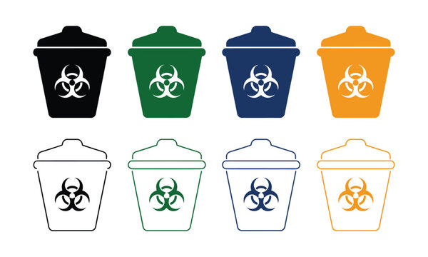 Biohazard waste bin icons with hazardous waste container and medical disposal symbol variations in clean minimalist vector graphics for hospitals, laboratories, clinics, sanitation, and biological saf