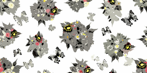 Floral ornament in watercolor style with butterflies on white background © Mamata