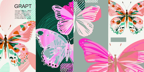 Colorful butterflies vector illustration with painted textures and varied backgrounds © Mamata