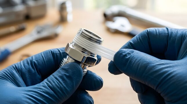 Professional plumber applies white teflon sealing tape to threaded metal pipe fitting connector to ensure leak proof installation for water plumbing work.