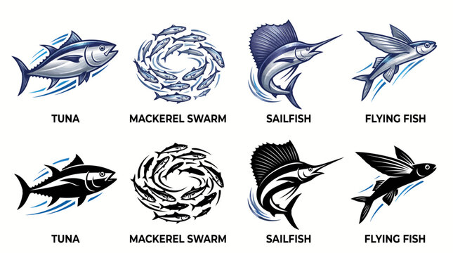Graphic ocean fish icon set featuring stylized predatory and schooling species for maritime seafood branding and fishing logo designs