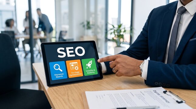 A professional businessman points at a tablet displaying seo marketing data and growth analytics.