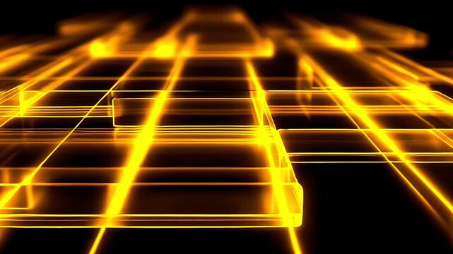 Abstract background with glowing orange light lines and geometric shapes.