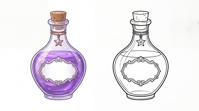 Magical purple glowing potion bottle with star charm and vintage label design on transparent background