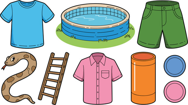 Summer backyard elements collection with pool, clothes, snake and ladder, cute vector cartoon illustration isolated