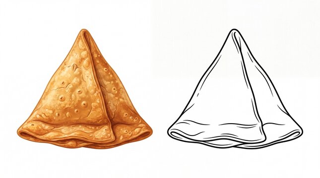 Crispy golden fried samosa snack next to a detailed black and white line drawing on transparent background