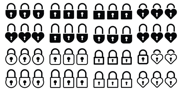 Padlock icon vector set, locked and unlocked lock symbols, geometric and heart shaped padlocks, security protection, login access, user authorization, web interface design, isolated on transparent bac