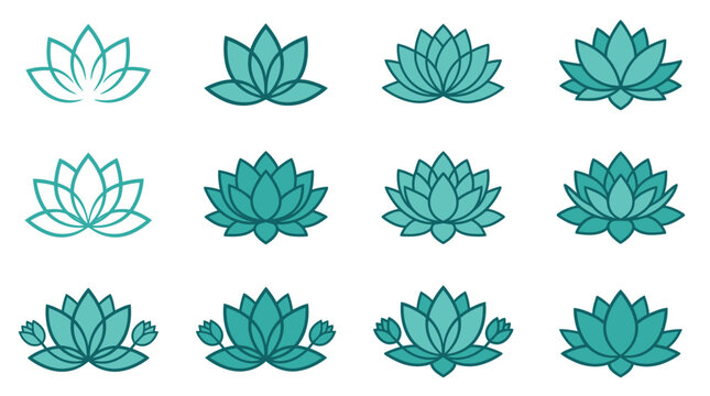 Set of twelve minimalist teal lotus flower icons in various line weights and geometric styles arranged in a grid layout on a white background for branding and logo design.