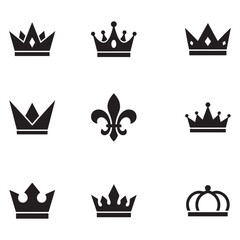 Collection of nine black vector crown icons featuring various royal headwear designs for creative branding projects © MasumStock