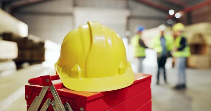 Carpentry, helmet and toolbox in warehouse with people shaking hands for manufacturing agreement. Engineering, hardhat and production with designer team in woodworking factory for deal or success