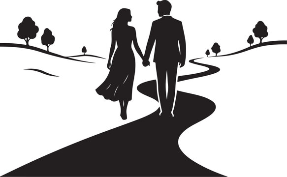 Romantic couple silhouette holding hands and walking together on a winding path, young man and woman in love, minimal vector illustration