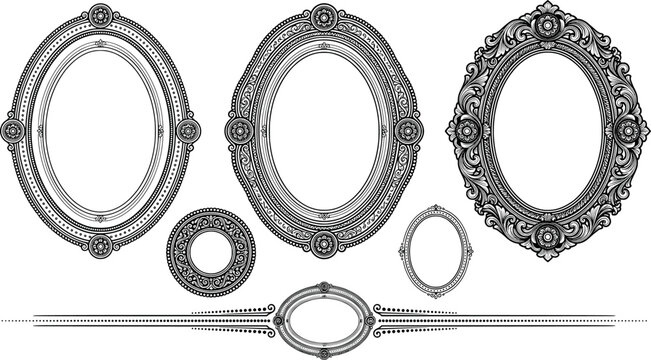 Set of vintage ornate oval frames and decorative borders transparent background
