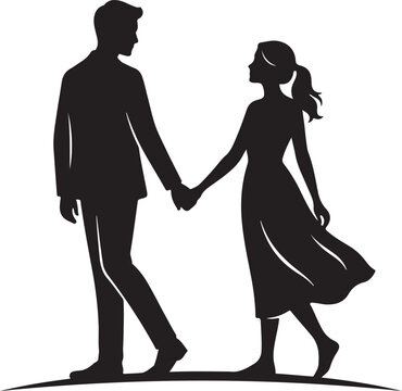 Romantic couple walking and holding hands silhouette vector illustration