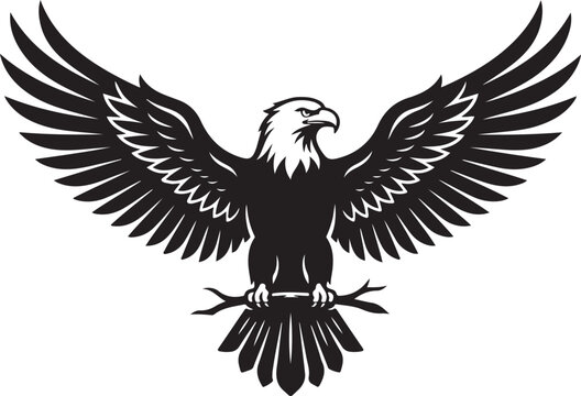 Majestic bald eagle silhouette with spread wings perched on branch vector illustration