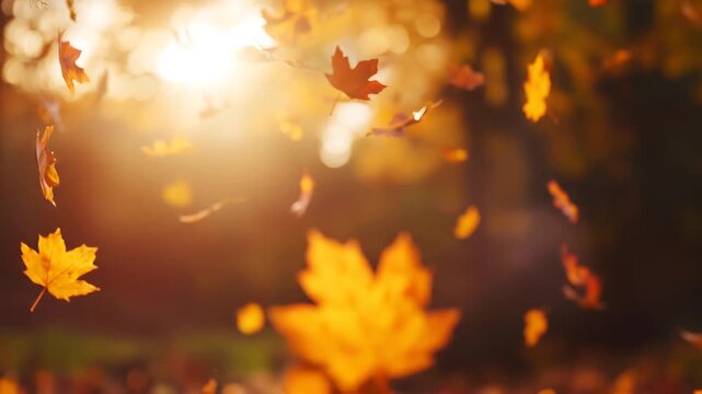 Autumn Maple Leaves Falling in Golden Sunlight with Dreamy Bokeh Motion Background
