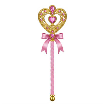 Ornate golden heart wand with pink gemstones and ribbon on transparent background with soft pink fabric