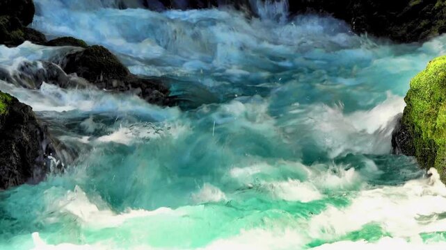 Turquoise whitewater rapids rushing dramatically through a canyon