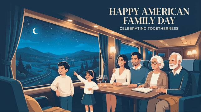 Family of six sitting inside a train car at night, two children standing by a large window with mountain view, adults seated at a table, nighttime sky visible outside.