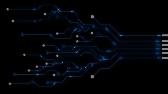 Digital Circuit Board Network with Glowing Blue Electronic Pathways and Connected Nodes on Dark Futuristic Technology Background Design