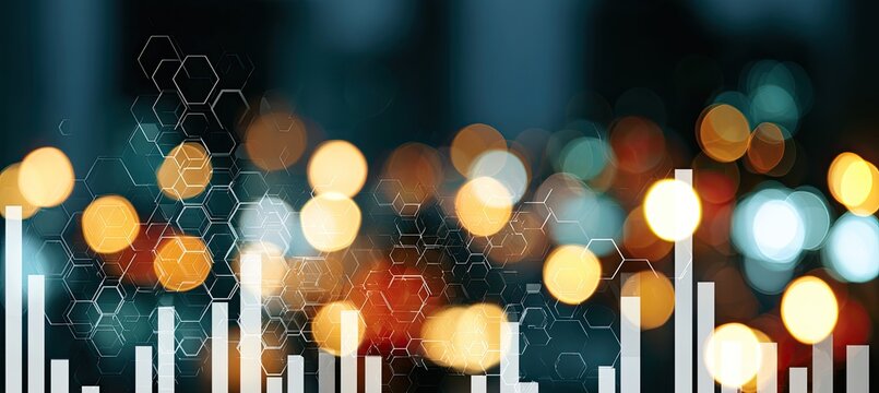 Abstract digital bokeh lights overlaying hexagonal grid and bar graph