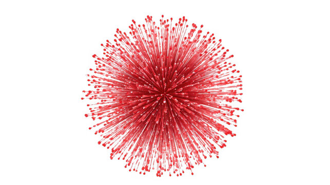 Abstract red spherical burst of radial lines and particles forming a vibrant cosmic explosion design element isolated on transparent background with explosion composed