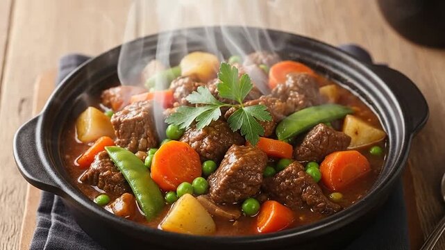 A steaming bowl of hearty beef stew with fresh vegetables served in a dark ceramic pot